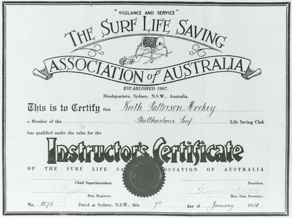 Shellharbour's first Surf Life Saving instructor's certificate issued to Keith Hockey