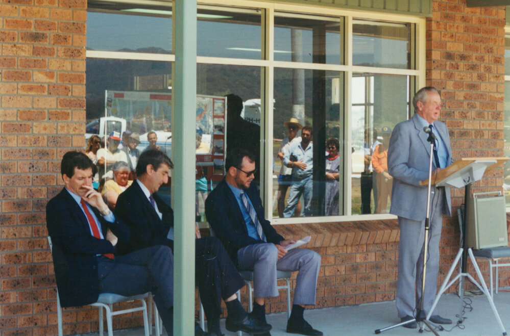 Mayor Cec Glenholmes at the opening the terminal building at Albion Park Aerodrome 1993
