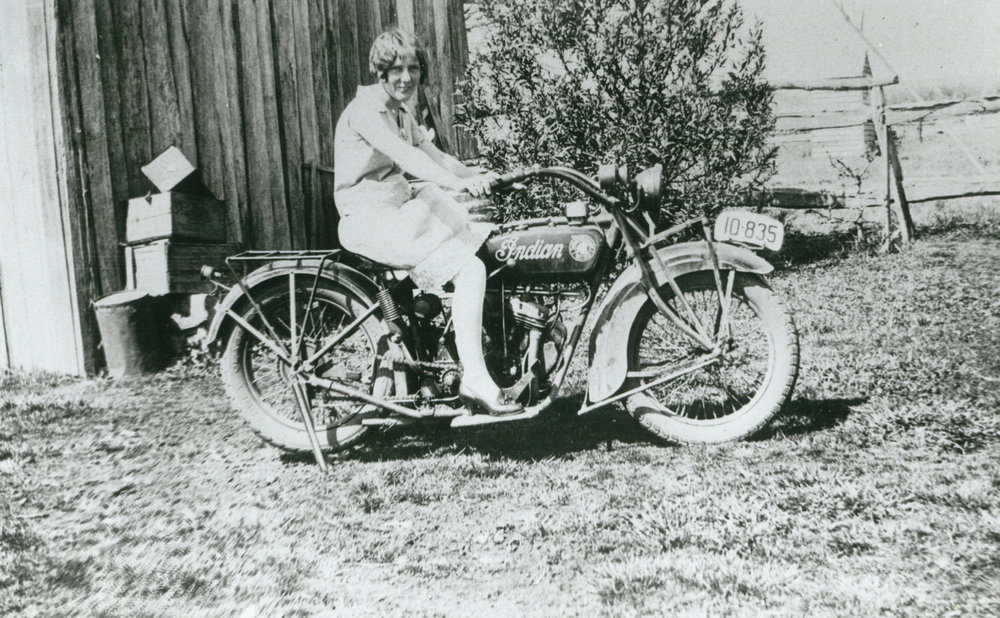 Essie Stubbs on an 'Indian' motorbike