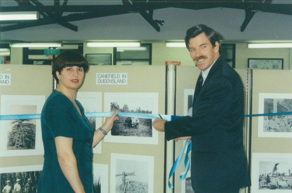 Brian Weir with Lucia Scioscia opening the Ethnic Photographic Exhibition at Warilla Library 1994