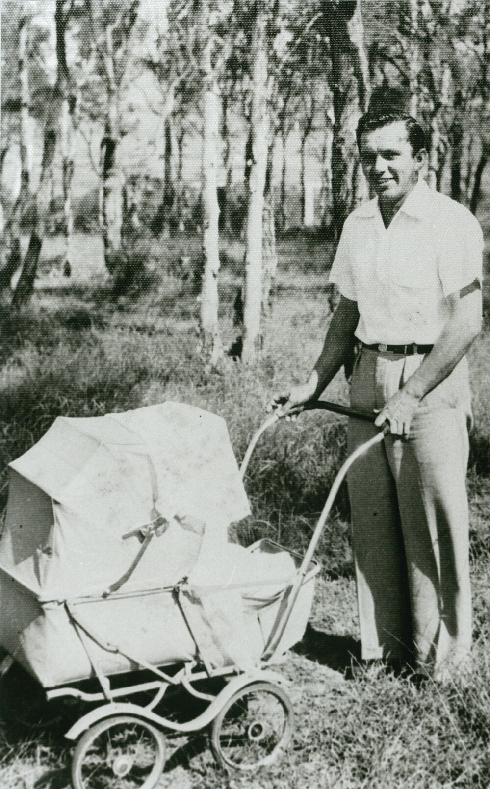 Steve Kirchmajer pushing his daughter, Judy, in a pram at Oak Flats