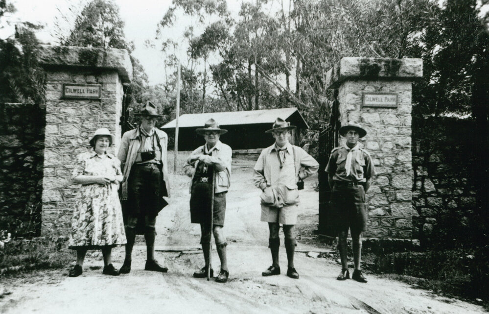 Scout Leaders at the main gate to Gilwell Scout Jamboree Camp, Victoria
