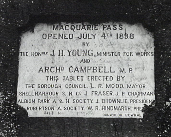 Marble tablet at the top of Macquarie Pass commemorating the opening in 1898