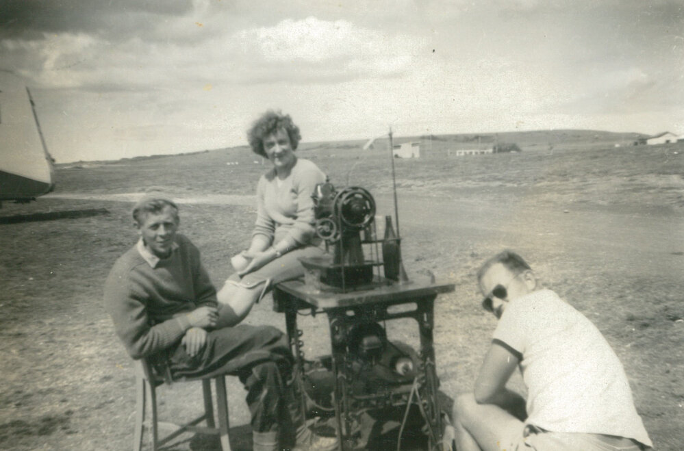Bill Muir and his sewing machine at Shellharbour Camping Ground