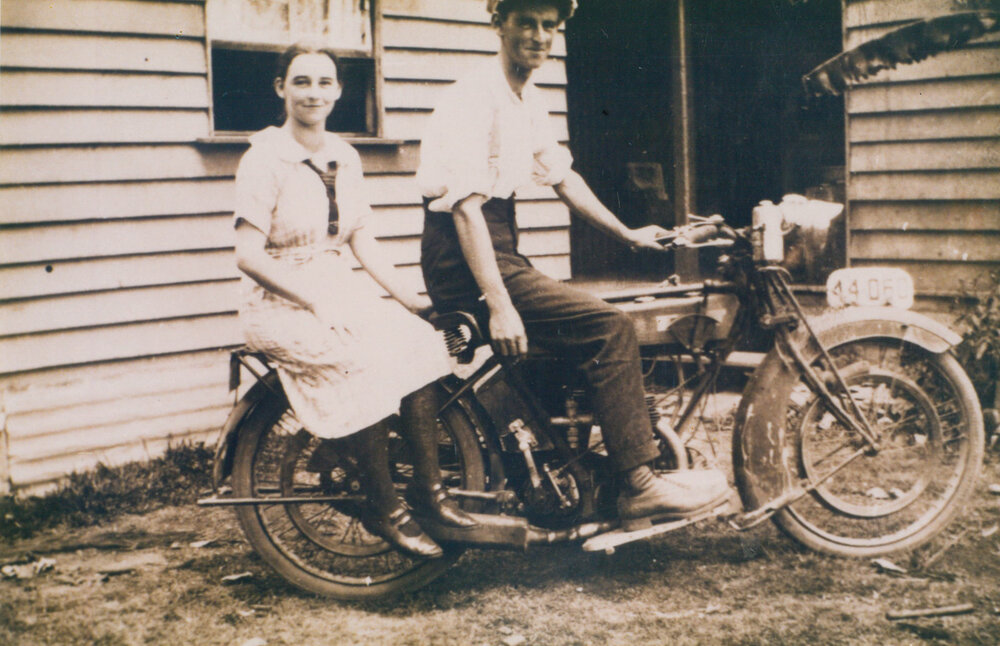 Tim &amp; Nellie Hazelton on an 'Indian' motorbike