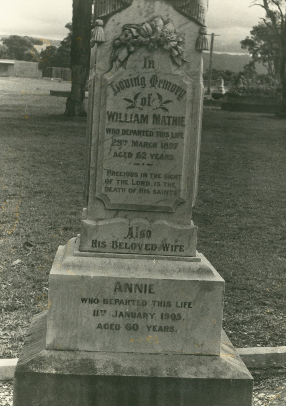 William and Annie Mathie headstone, Albion Park Pioneer Cemetery 1980