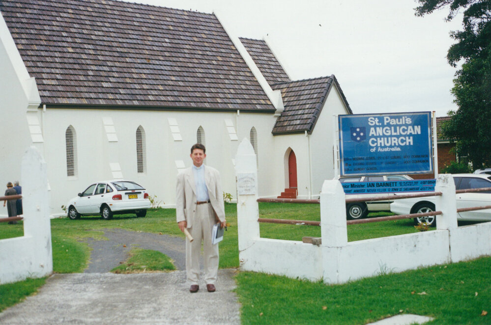 Rev Ian Barnett outside St Paul's Church of England, Shellharbour