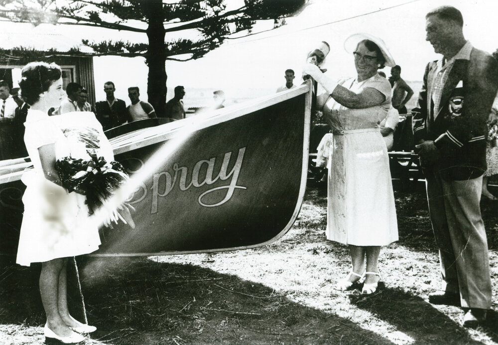 Doreen McDonald christening the Shellharbour surfboat 'Silver Spray'