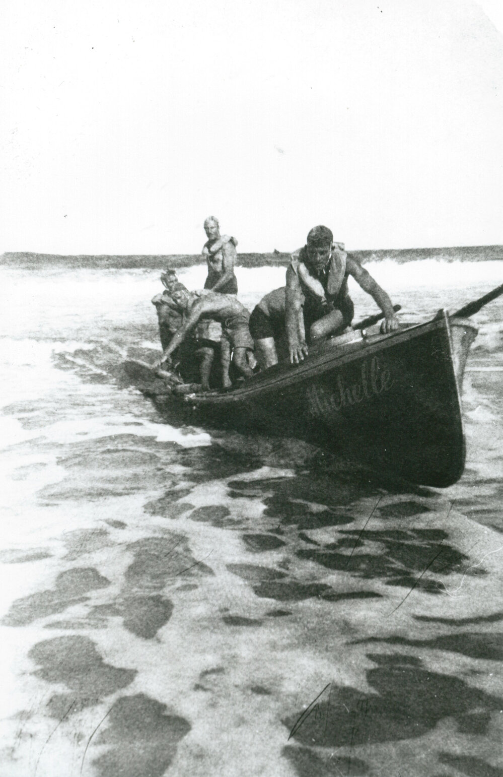 Beaching the Shellharbour surfboat in the 1950s