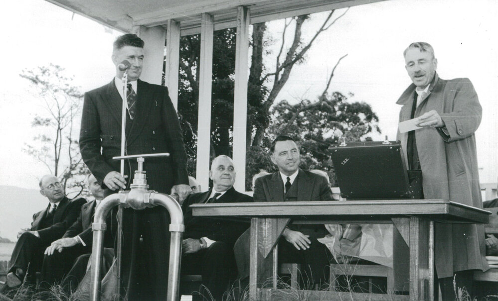 Mayor Keith Grey &amp; T H Upton at the official opening of water supply to Albion Park and Oak Flats 1955