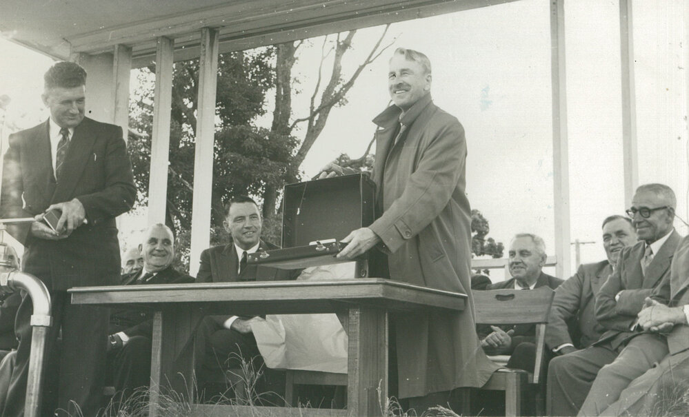 Mayor Keith Grey &amp; T H Upton at the official opening of water supply to Albion Park  and Oak Flats  1955