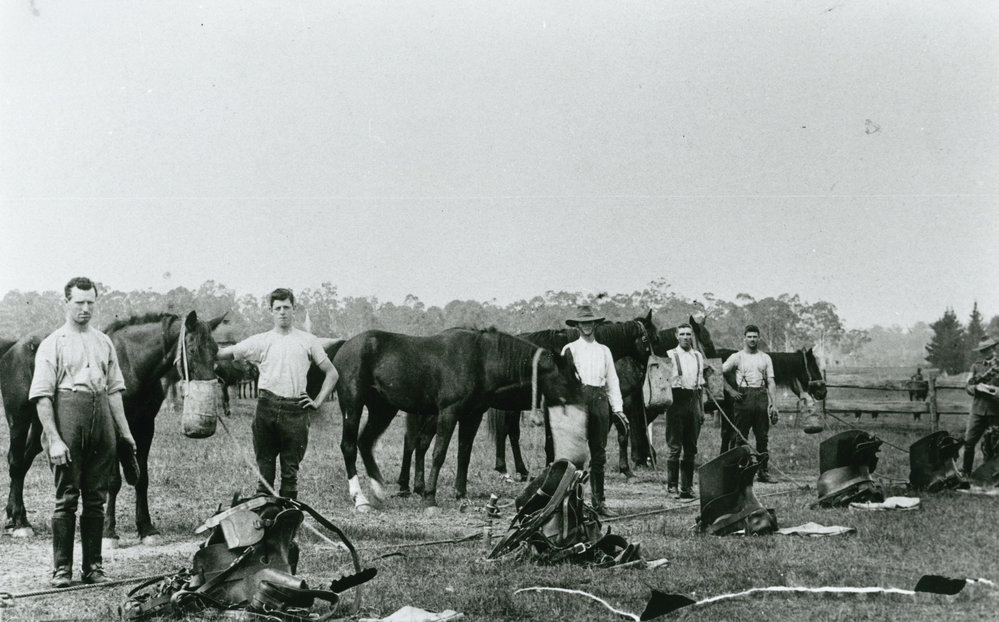 Jack Raftery and members of the Light Horse at military camp, Liverpool