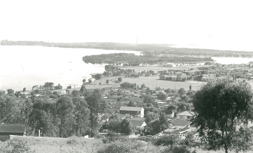 View from Mount Warrigal looking north to Bevans Island, Lake Illawarra.