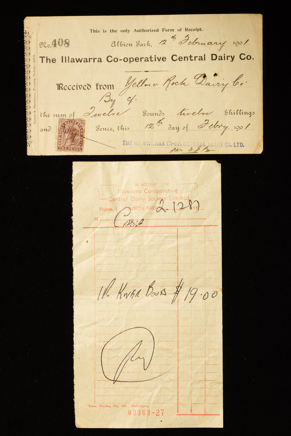 Illawarra Cooperative Central Dairy Company Receipts