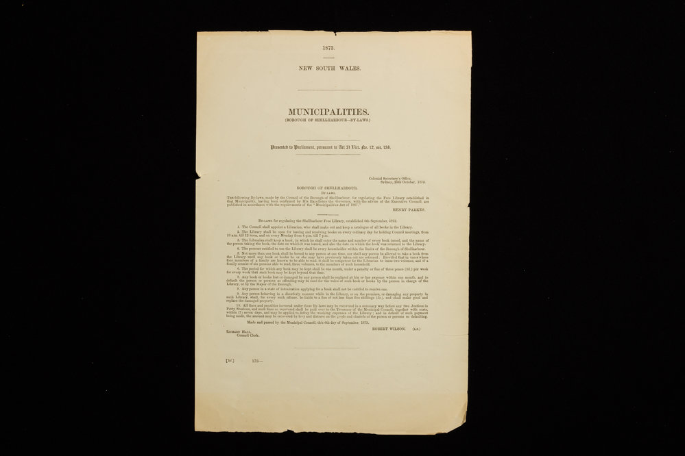 NSW Municipalities Borough of Shellharbour By-Laws for Regulating the Shellharbour Free Library