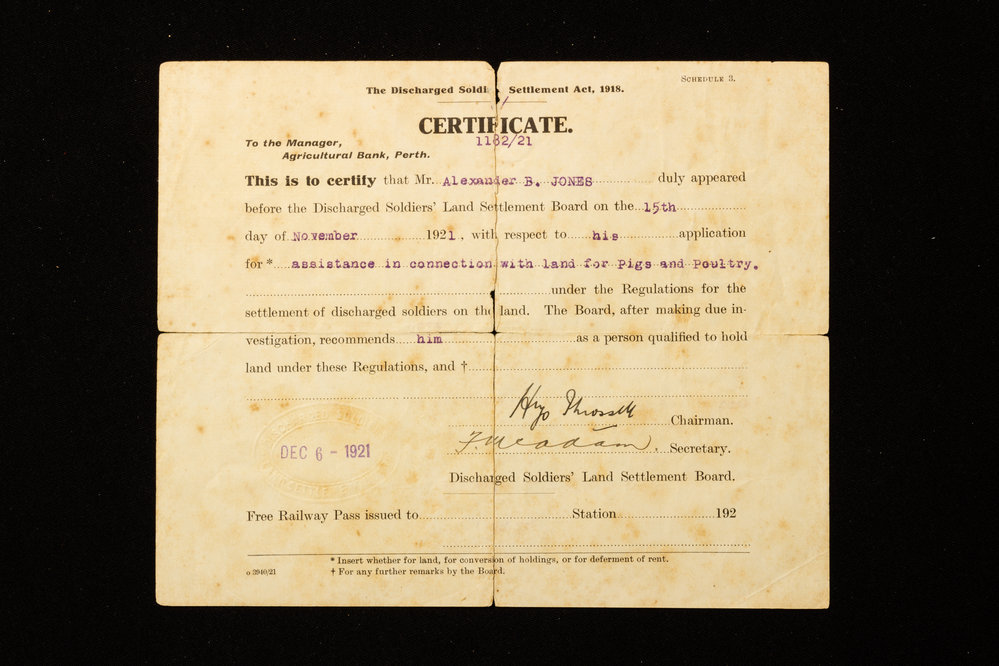 Discharged Soldier Settlement Act Certificate - Alexander Bromley Jones