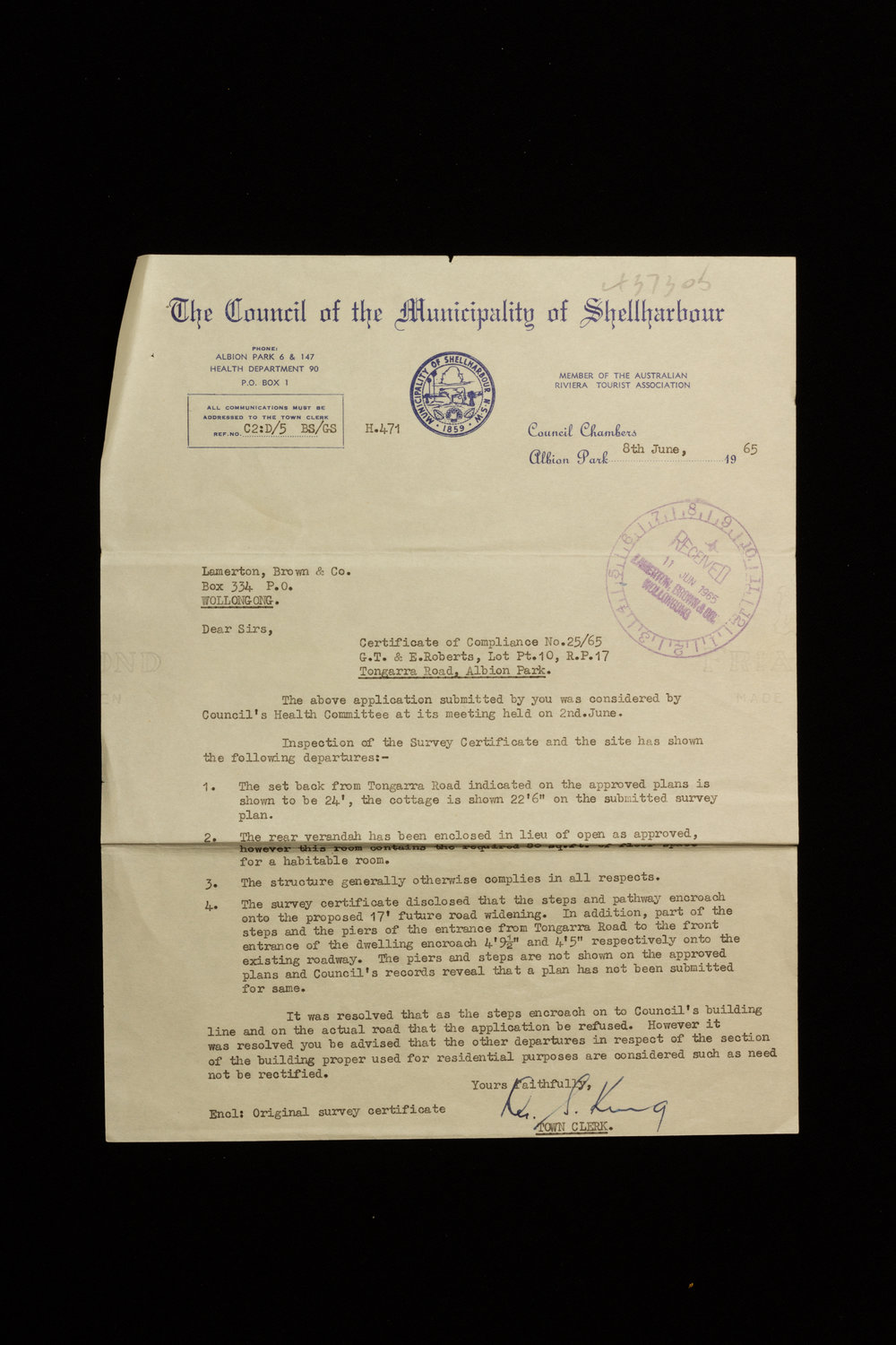 Letter Regarding Certificate Of Compliance Anston House