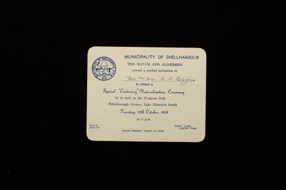 Municipality of Shellharbour Centenary Naturalisation Ceremony Invitation