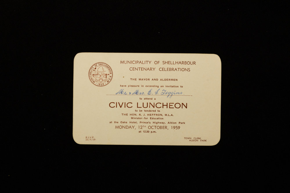 Municipality of Shellharbour Centenary Celebrations Civic Luncheon Invitation