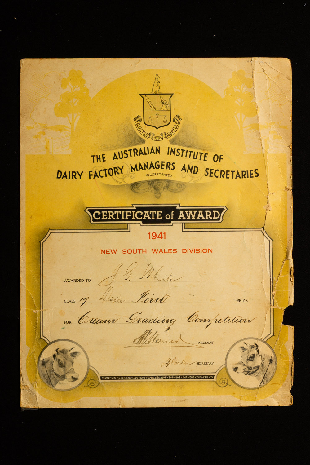 The Australian Institute of Dairy Factory Managers and Secretaries Certificate of Award