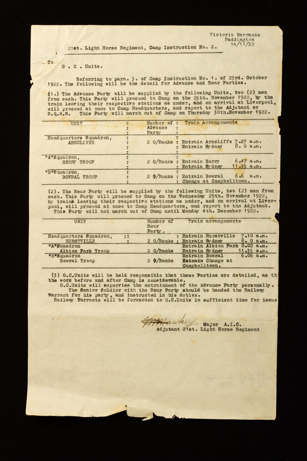 21st Light Horse Regiment Camp Instructions No 2