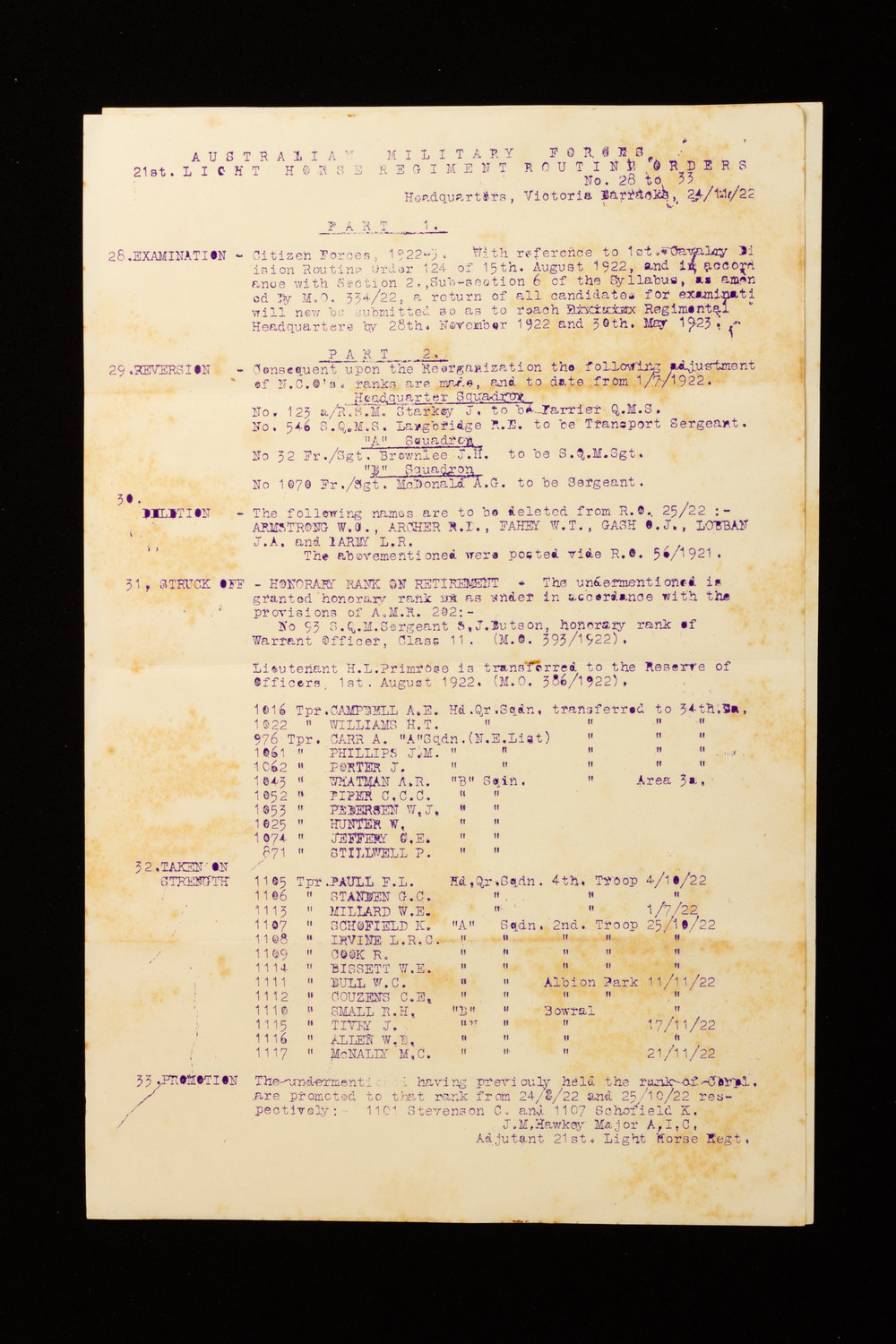 Australian Military Forces 21st Light Horse Regiment Routine Orders