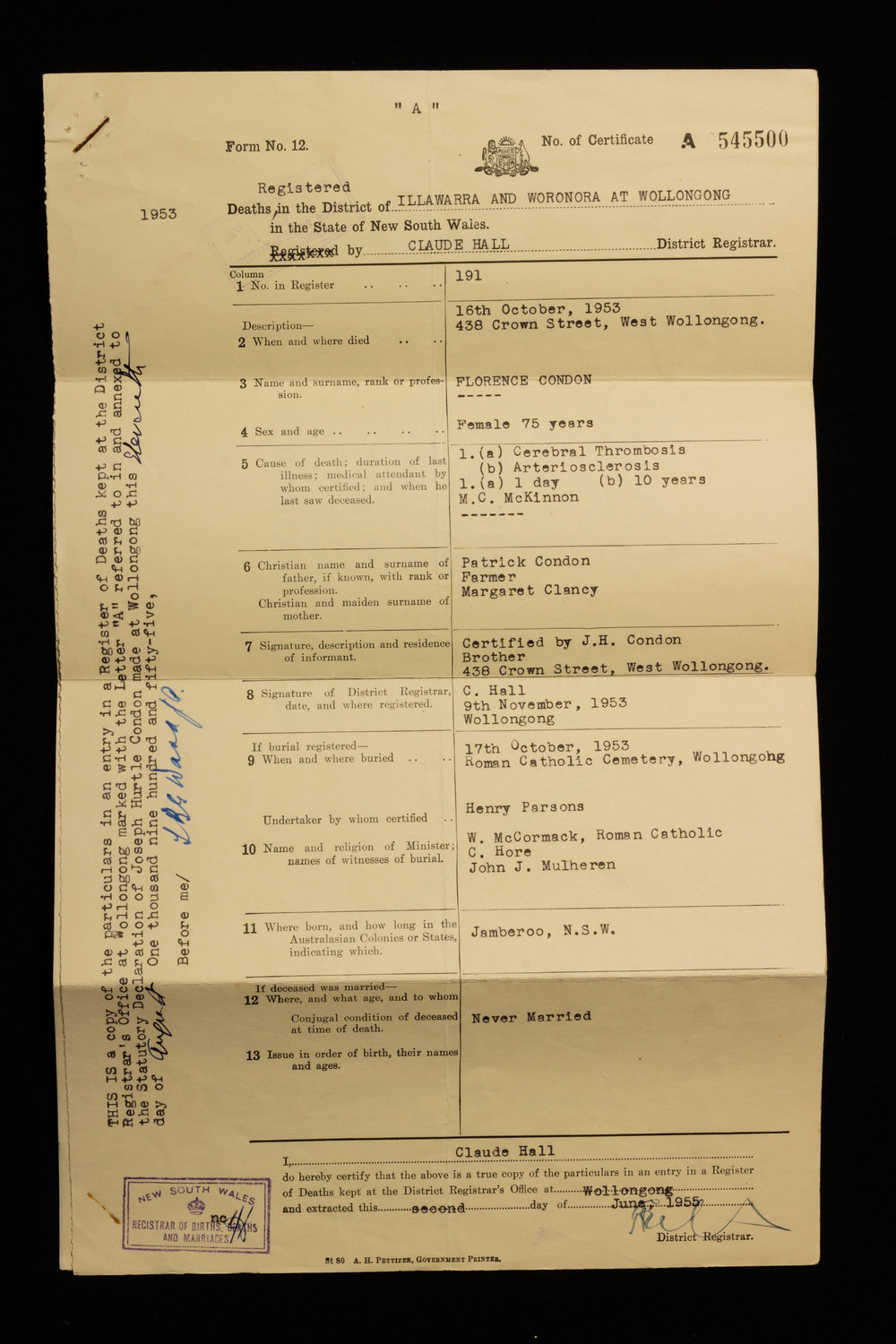 Death Certificate  Florence Condon