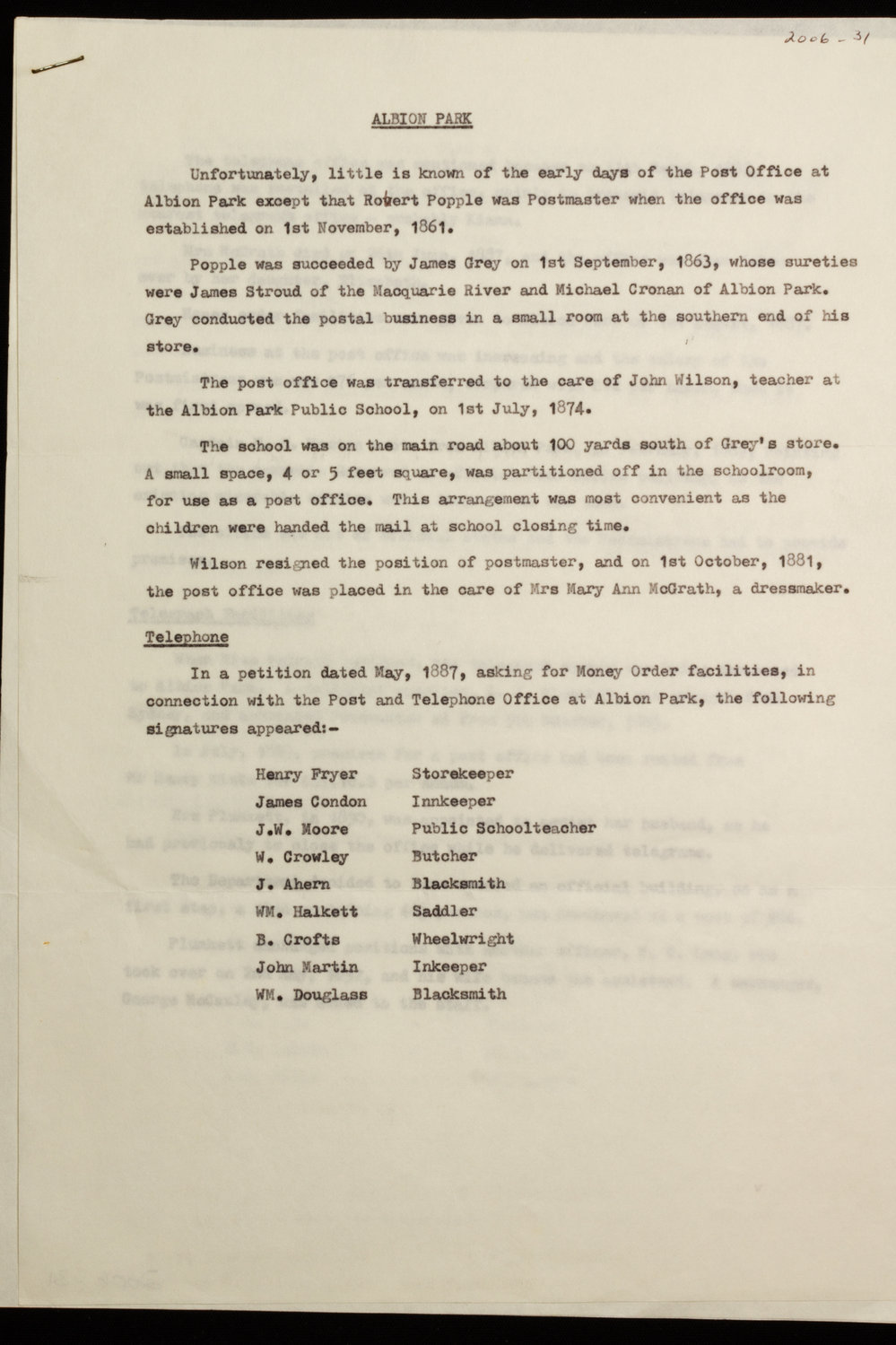 Albion Park Post Office, Cricket Club and Bowling Club Correspondence - Lew Stubbs Collection