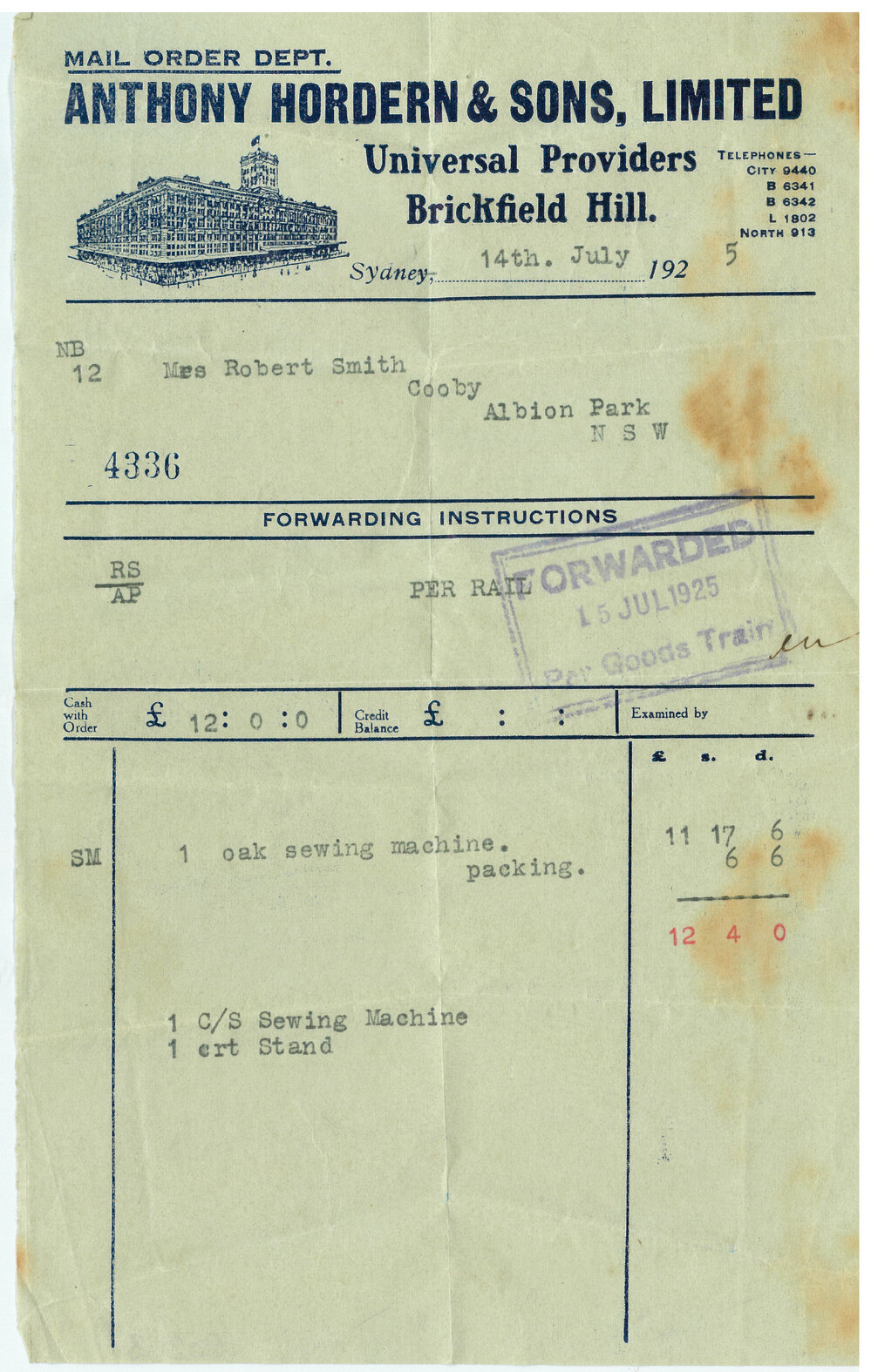 Sewing Machine Receipt and Envelope