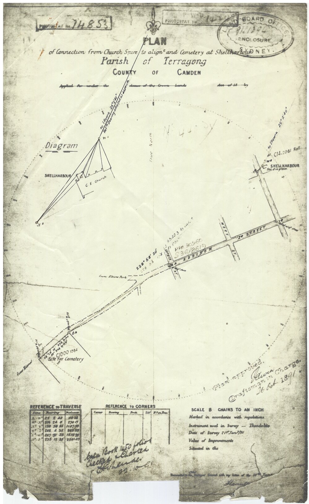 Plan of Connection from Church Spire to Alignment and Cemetery at Shellharbour, Parish Terragong, County Camden