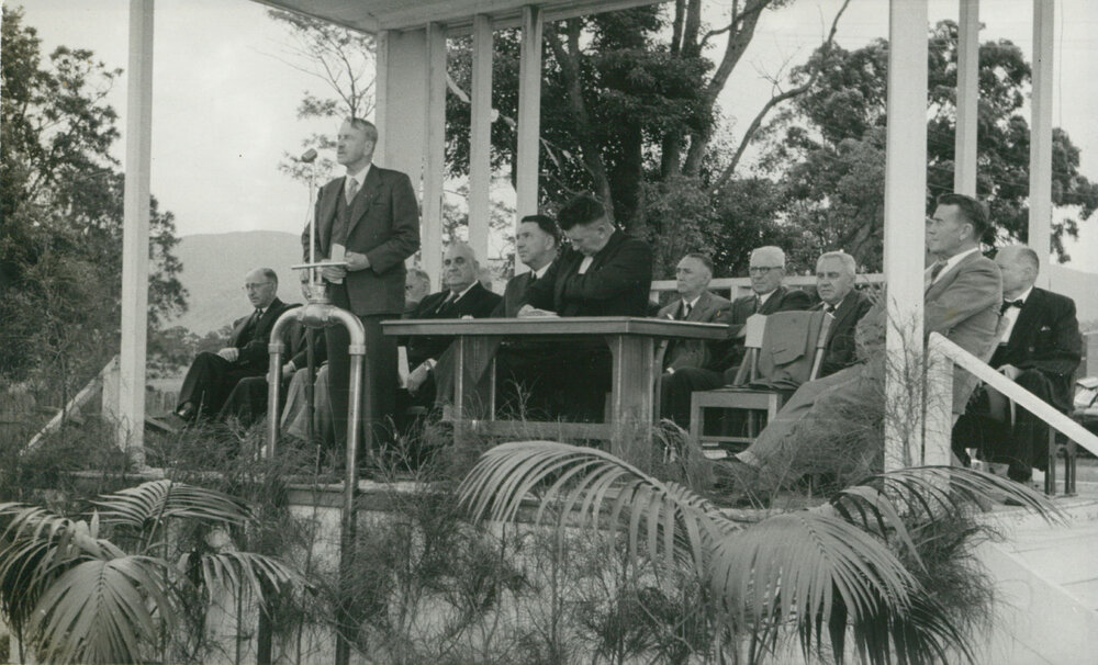 T H Upton at the official opening of water supply to Albion Park and Oak Flats 1955