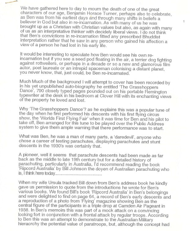 Ben Turner Collection - Eulogy Written by Alan Potter.