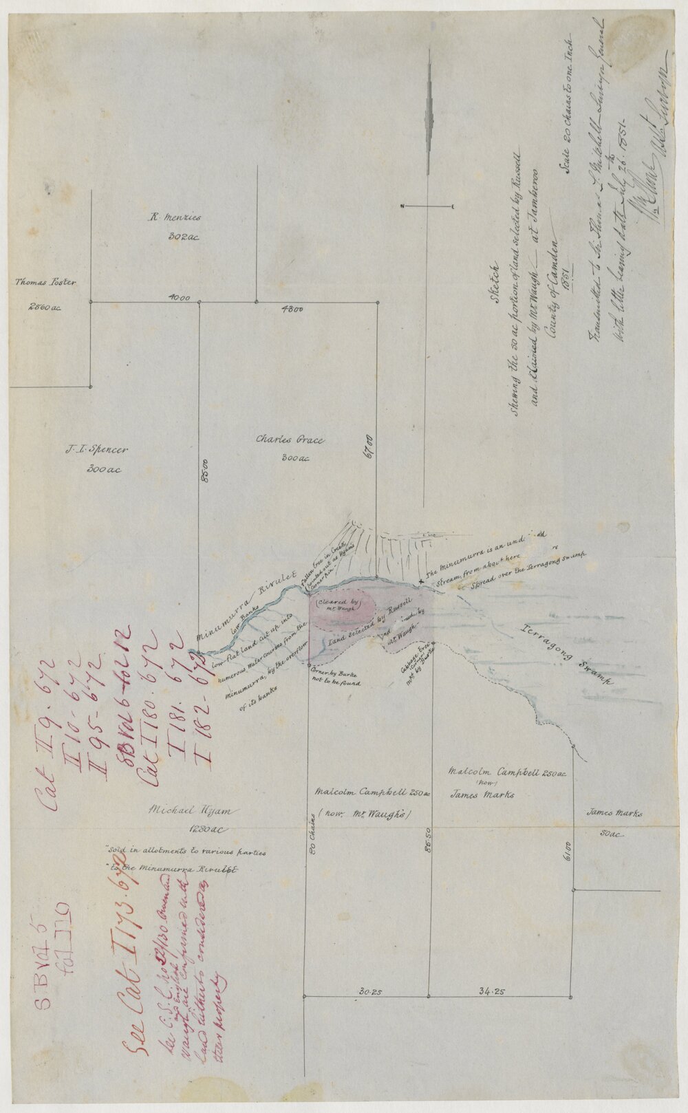 Sketch Shewing the 50 Acre Portion of Land Selected by Russell and Claimed by Mr Waugh at Jamberoo, Country Camden