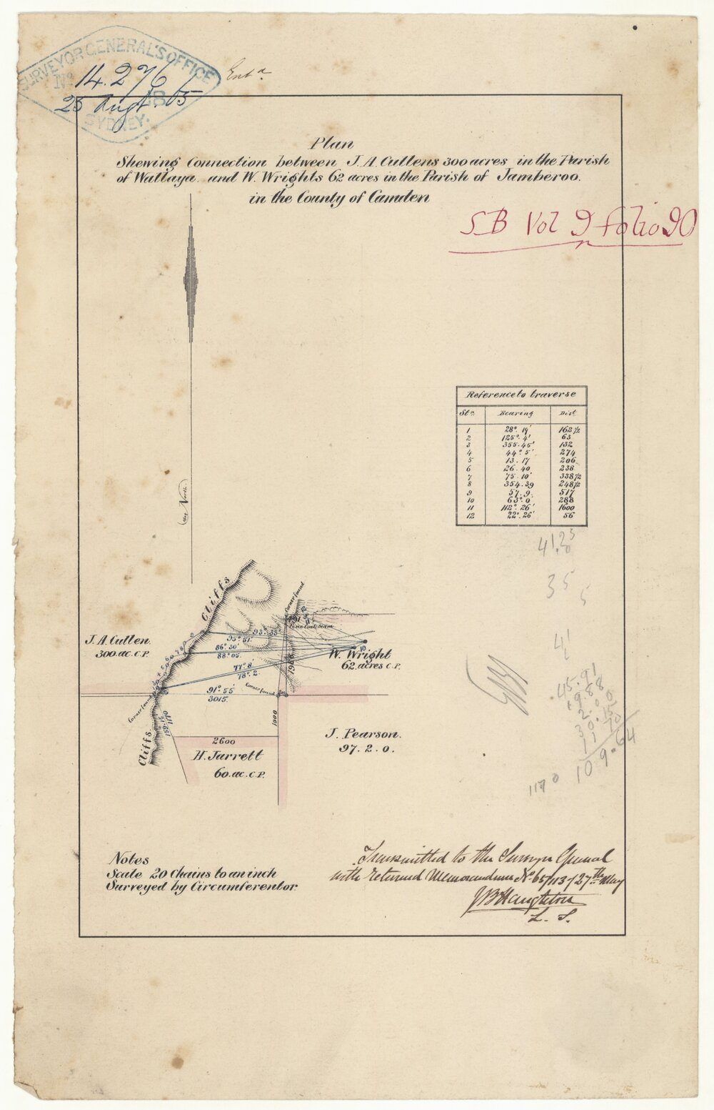 Plan Shewing Connection between JA Cullens 300 acres in the Parish of Wallayna and W Wrights 62 acres in the Parishg of Jamberoo in the Country of Camden