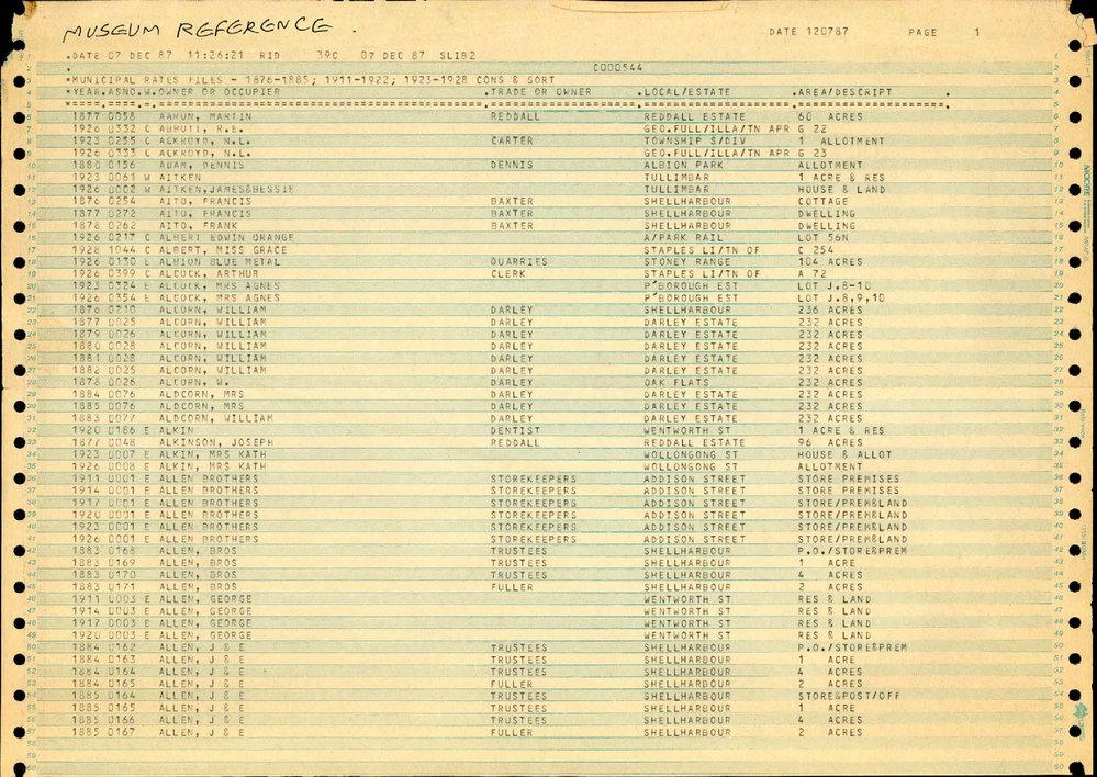 Index to land owners and lessees in Shellharbour Municipality from 1876 - 1928.