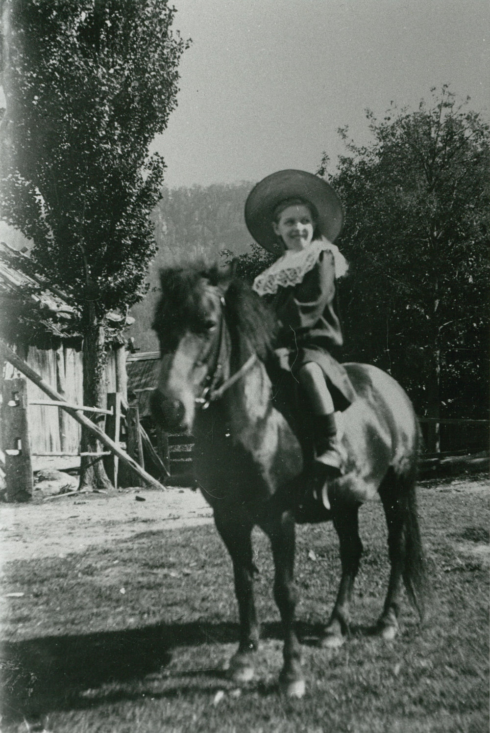 Marie Thomas on Her Pony at 'Clover Hill'