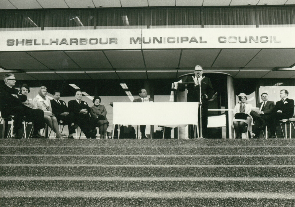 Mayor A J Beaton speaking at the opening of Shellharbour Council Chambers, Warilla