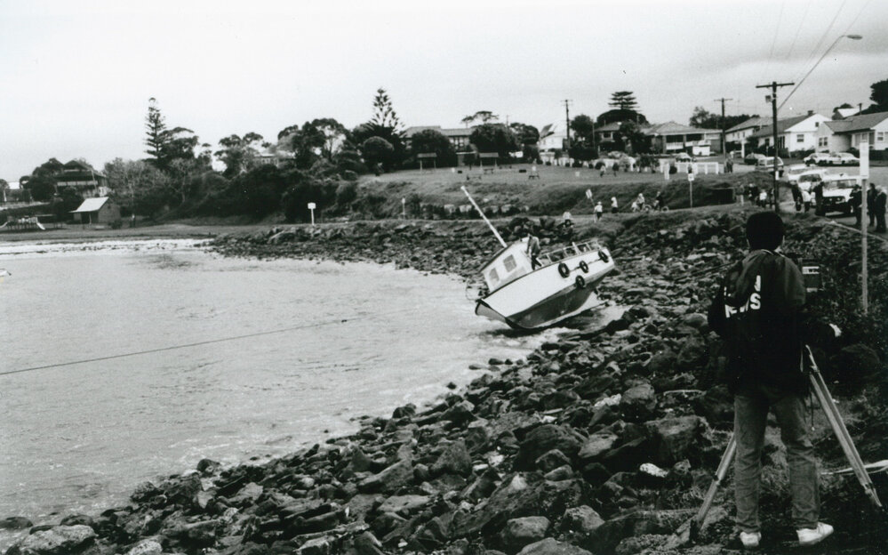 Boat on the rocks after rough seas at Shellharbour 1988