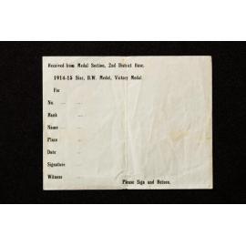 Medal Receipt Sheet - Augustus Milton East