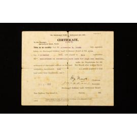 Discharged Soldier Settlement Act Certificate - Alexander Bromley Jones