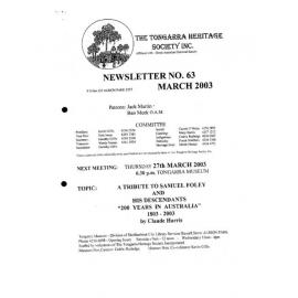Tongarra Heritage Society Newsletter 63 March 2003