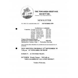Tongarra Heritage Society Newsletter September 1999