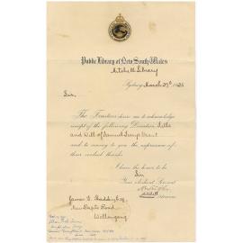 Receipt from Mitchell Library for Haddin Family Donation of the Title and Will of Samuel Terry Grant