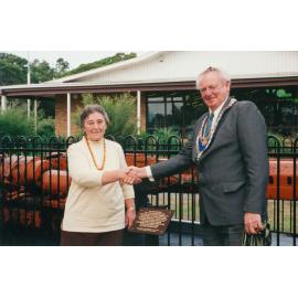 Mayor Cec Glenholmes and Mrs Kaethe Zatschler unveiling the Tongarra Mine coal loader exhibit