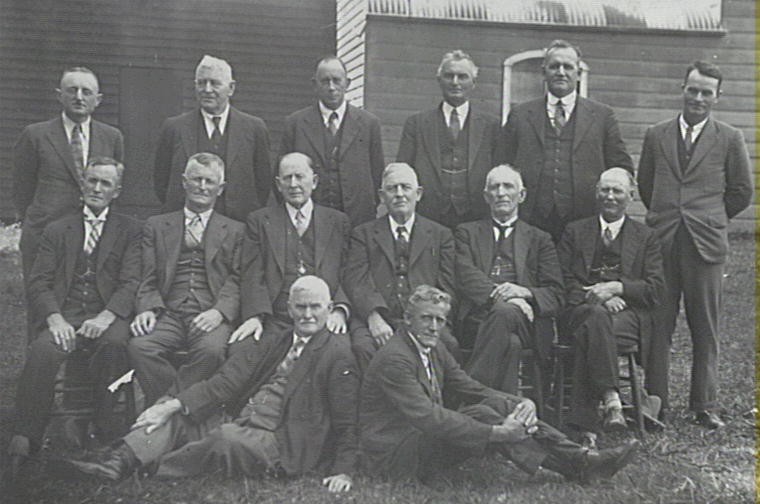 Shellharbour Municipal Council 1933.

Back row l-r: E.F. Hooper (electrician), Ald J.B. Stoyles, Ald R.W. Harradine, Ald S.H. McDonald, W.D. Dunster (health inspector)

Centre row l-r: Ald W.J. McBarron, Ald Jas. McNabb, Ald C.F. O'Keefe (Mayor), Gabriel Timbs (Town Clerk), Ald John Burns, Ald J.R. East.

Front row l-r: Ald Wm. Buchanan, Ald E.E. Dawes